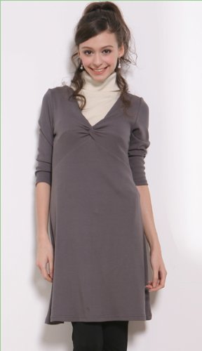ツイスト授乳ワンピース 【アン】（授乳レイヤー2枚付き）　授乳服/長袖/タートル チャコール　S
