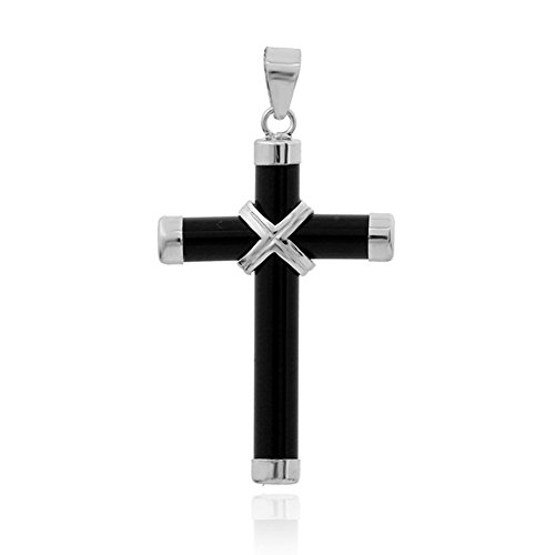 S925 Sterling Silver Real Cz Black Onyx Cross Womens Mens Charm Pendant Necklace 20''