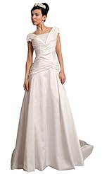 A-line Taffeta Floor Length Lace Dropped   Waistline Cap Sleeves Square Neck  Dress