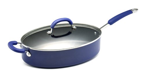 Rachael Ray Porcelain Enamel Nonstick 5-Quart Oval Saute Pan with Glass Lid, Blue