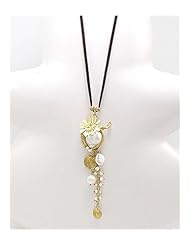 Artificial Suede Leather Fresh Water Pearl Necklace In Brass