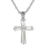 Platinum Plated Sterling Silver Cubic Zirconia Emerald-Cut Cross Pendant, 18