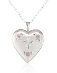 Momento Lockets Sterling Silver Heart Shaped Locket with Cross and Flowers Necklace