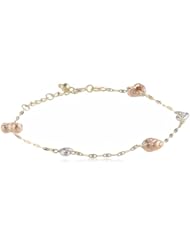 14K Tri-Color Yellow, White and Rose Gold Hearts Station Bracelet, 6.75"+1" Extender