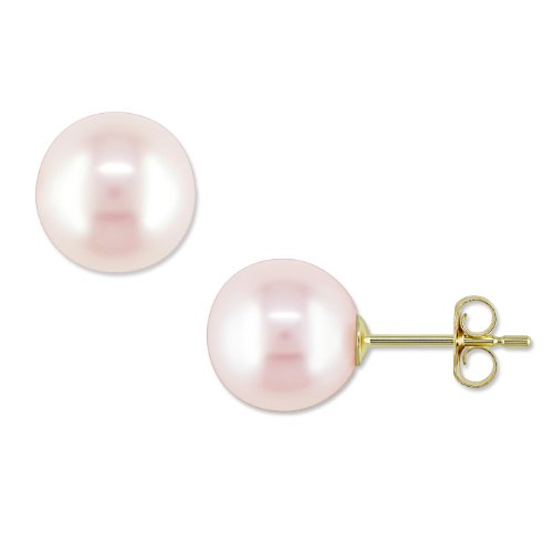 14K Yellow Gold Fresh Water Pink Pearl Stud Earrings (9-9.5 mm)