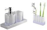 Deko 4 Piece Bathroom Set in White (Lotion Dispenser, Tumbler, Toothbrush Holder and Vanity Tray)