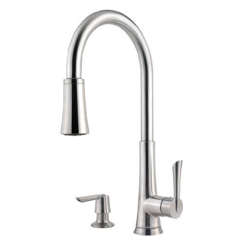 Pfister GT529-MDS Mystique Single Handle 1, 2, 3, or 4-Hole Pull-Down Lead Free Kitchen Faucet with Soap Dispenser, Stainless Steel