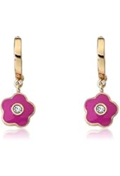 Little Miss Twin Stars "Frosted Flowers" 14k Gold-Plated Hoop Earrings with Hot Pink Enamel Flower Dangle