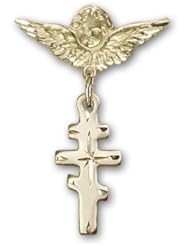 Gold Filled Baby Badge with Greek Orthadox Cross Charm and Angel w/Wings Badge Pin