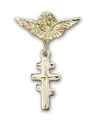 Gold Filled Baby Badge with Greek Orthadox Cross Charm and Angel with Wings Badge Pin