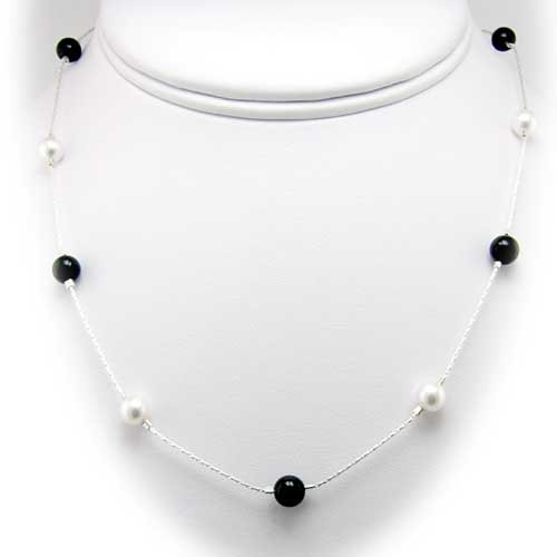 White Swarovski Crystal Pearls Black Onyx Station Illusion Sterling Silver Chain Necklace 20 Inch