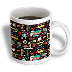Seattle Tourist Print Coffee, Space needle, Fish, Electric Guitars and Umbrella - 11oz Mug