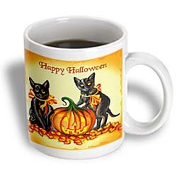 This design features a pair of frisky black kittens and a glowing jackolantern on Halloween - 11oz Mug