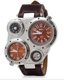 Dual Quartz Movement Analog Sporty Watch with Faux Leather Strap, Compass, Thermometer (Brown)