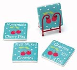 Set Of 4 Retro 50"s Cherry Decor Coasters With Stand/Holder Kitchen Decor