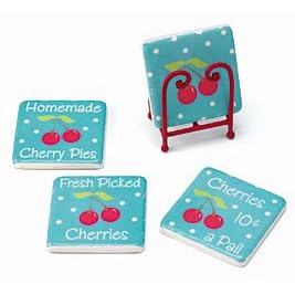 Set Of 4 Retro 50s Cherry Decor Coasters With Stand Holder Kitchen Decor by Cherry Pie Collection