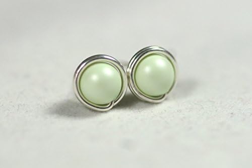Sterling Silver Green Pearl Stud Earrings Pastel Green Swarovski Pearl Earrings Wire Wrapped Sterling Silver or Gold Filled Earrings