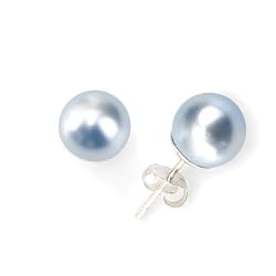 Olive n Figs Sterling Silver and Genuine Swarovski Crystal Pearl Stud Earring - Blue (8mm)