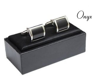 Elegante Manschettenknöpfe mit edlem dunklen Onyx poliert rhodiumfarben im Geschenketui