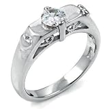 Sterling Silver Cubic Zirconia Solitaire Engagement Ring w/ Hearts - size 5