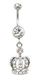 Stainless Steel Belly Ring with Clear Crystals and Crown Dangling