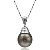 14k White Gold 9-10mm Perfect Round Black South Sea Tahitian Pendant with 18 Length Chain Necklace AAA Quality. Pearls is June Birthstones