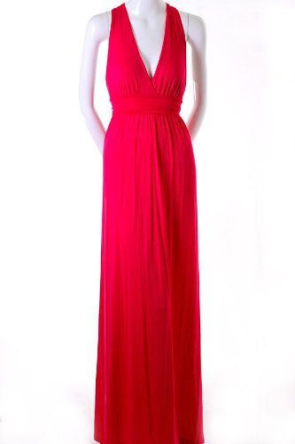 Lani Empire Waist Open Back Deep Plunge V-Neck Solid Jersey Long Maxi Dress