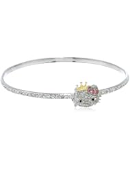 Hello Kitty Girls "Princess Pave" Sterling Silver Pave Crystal Face Pink Crystal Bow Yellow Gold Plated Crown Bangle Bracelet, 7.5"