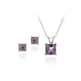 Sterling Silver 2.75ct TGW Amethyst Square Solitaire Pendant & Stud Earrings Set, 18"