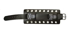 Black Wide Leather Cuff Wrist WatchBand with Skull