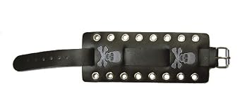 Black Wide Leather Cuff Wrist WatchBand with Skull