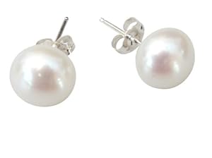 Cultured Freshwater Large 10mm White Pearl Silver (925) Stud earrings, presented in an attractive satin silk pouch with a gift card