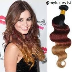 14" Tri-color ombre 100 grams #1b Auburn Burgundy Dark Blonde Brazilian Remy Human Hair Weft