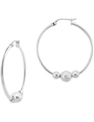 Sterling Silver Hoop and Two Polished and on Diamond Cut Bead Stations Earrings