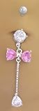 Cz & Pink Bow Long Dangle Belly button Navel Ring 14 gauge