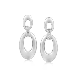 Sterling Silver Dangling Open Oval Diamond Accented Rhodium Plated Earrings