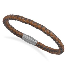Braided Leather Bracelet 6mm Brown and Tan 20 inches Magnetic