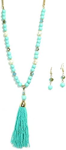 Goldtone Aqua Blue Bead and Crystal Tassel Fashion Necklace and Earring Set (Blue)