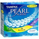 Tampax Pearl Tampons Plastic Multipax Unscented Regular/Super/Lites - 36 each