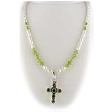 Faceted Gemstones Sterling Silver Cross Pendant Garnet Freshwater Pearl Necklace 916