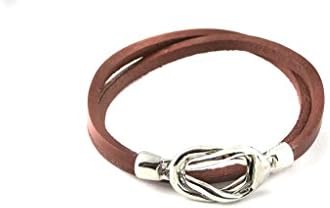 Brown Leather Double Loop Bracelet With Steel Knot Magentic Closure Design