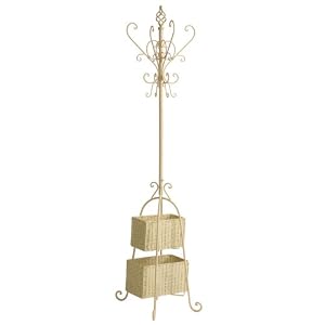 SEI Metal Scroll Hall Tree with 2 Rattan Storage Baskets, Ivory