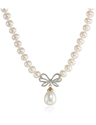 10k Yellow Gold Diamond Bow with Freshwater Cultured Pearl Drop Necklace, 17"