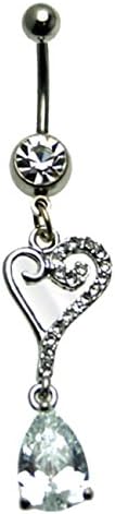 Surgical Steel Belly Ring with Dangling Filigree Heart & Teardrop Accent CZ