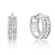 White Gold Rhodium Bonded Hoop Huggie Earrings with 2 Rows CZ and Snap Clip Backing in Silvertone
