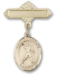 14K Gold Baby Badge with St. Christopher/Football Charm and Polished Badge Pin