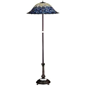 Tiffany Stained Glass Peacock Feather Semi-Flush Pole Lamp with Mahogany Bronze Finish by Meyda