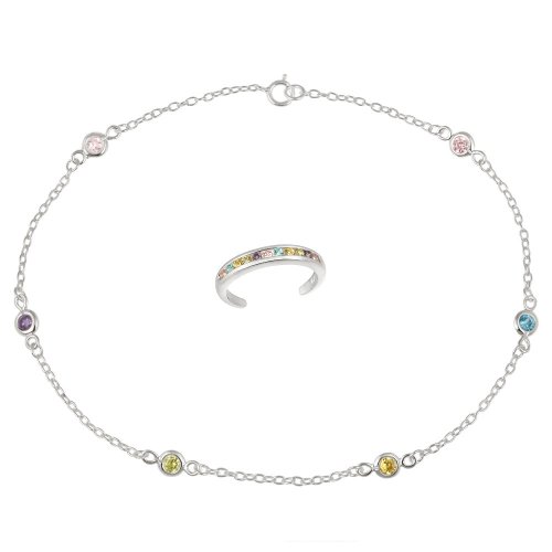 Sterling Silver Chain Multi-Color Cubic Zirconia Toe Ring and Anklet with Multi-Color Cubic Zirconia Stations, 10