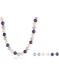 Sterling Silver Multi-Colored Freshwater Cultured Pearl Necklace and Earrings Set, 18"