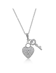Alexander James White Gold Rhodium Bonded Key and Heart Pendant with Pavè Round Cubic Zirconia in Silvertone Chain Included